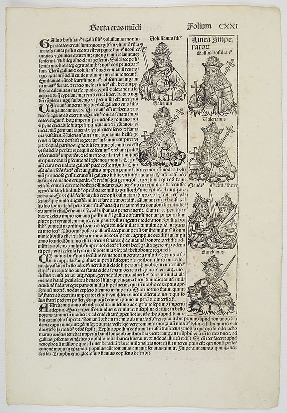 SCHEDEL, H.,  [Text page with Kings, Queens, Saints and Popes. Sexta Etas Mundi. Folium. CXX I]., antique map, old maps