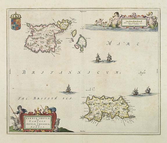 BLAEU, J., Sarnia Insula vulgo Garnsey et Insula Caesarea venacule Jarsey, antique map, old maps
