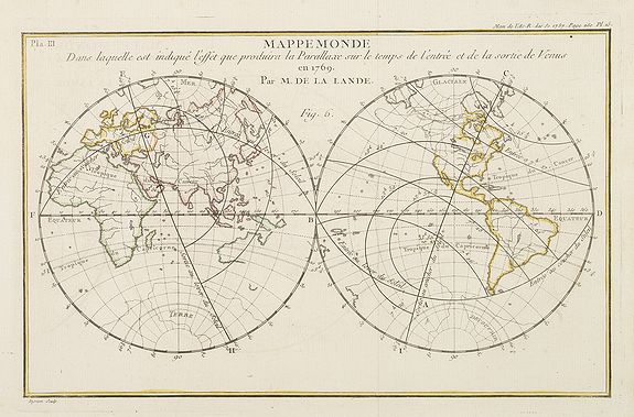 DE LA LALANDE, M., Mappemonde dans laquelle est indique l'effet que produira la parallaxe sur le temps de l'entr'ee et de la sortie de Venus en 1769 / par M. de la Lande., antique map, old maps