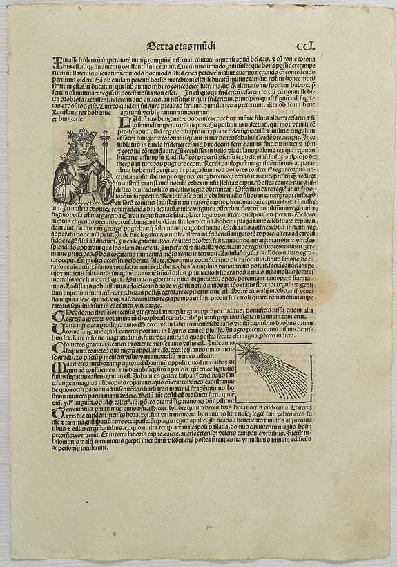 SCHEDEL, H.,  [ Text page with Kings and a comet. ] Sexta Etas Mundi CCL., antique map, old maps