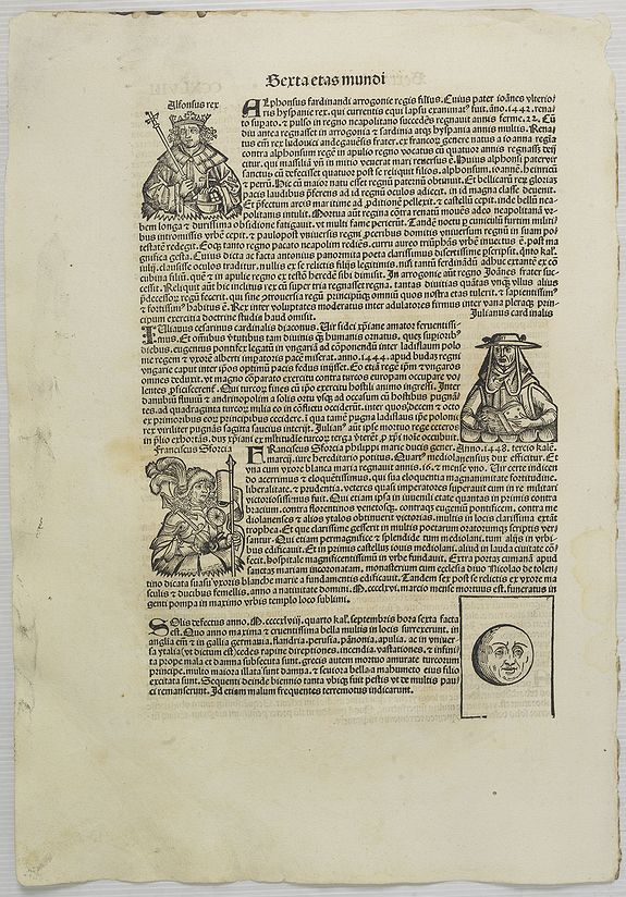 SCHEDEL, H.,  [Text page with Saints, Kings, historical personalities and the moon.] Sexta Etas Mundi CCXLVIII , antique map, old maps