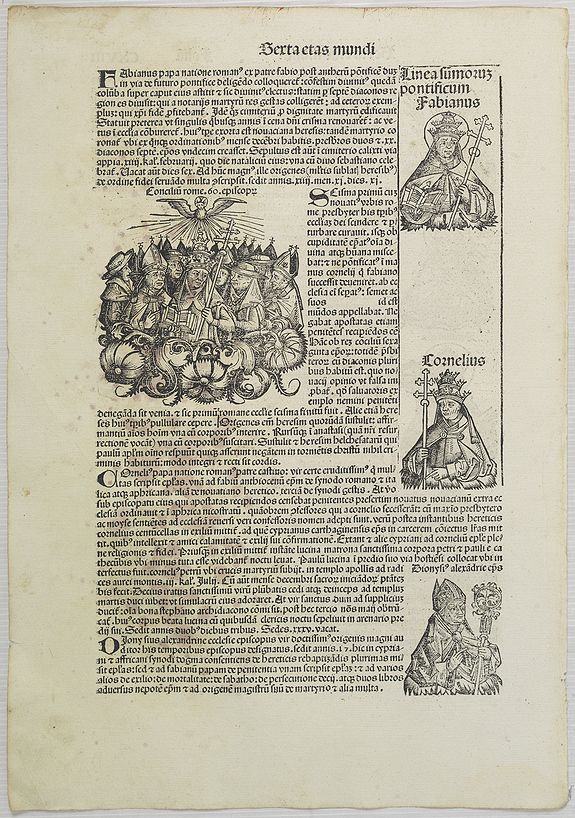 SCHEDEL, H., Papal council, and portraits of different saints . . .Exta etas mundi Foliu CXVIII., antique map, old maps