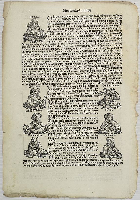 SCHEDEL, H.,  [Text page with Kings and Roman personalities.] Sexta Etas Mudi CXVII., antique map, old maps