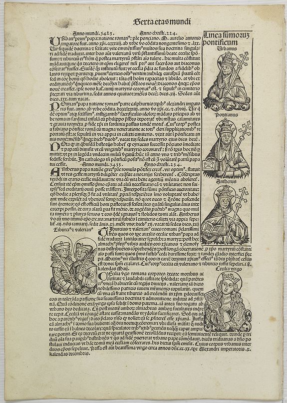 SCHEDEL, H.,  [Text page with illustrations of Saint Cecilia, Kings, Queens, Saints and Popes.] Sexta Etas Mundi. Folium. CXVI., antique map, old maps