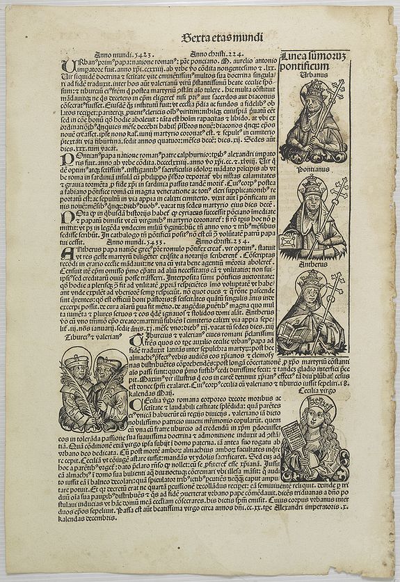 SCHEDEL, H., Text page with Kings, Queens, Saints and Popes. Sexta Etas Mundi. Folium. CXVI., antique map, old maps