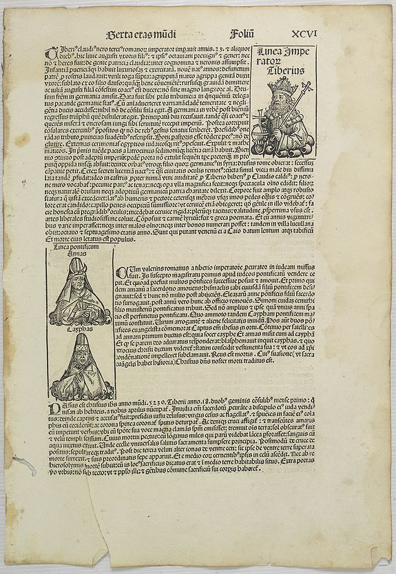 SCHEDEL, H.,  [ Text page with Kings, Queens, Saints and Popes. ] Sexta Etas Mundi. Folium. XCVI , antique map, old maps