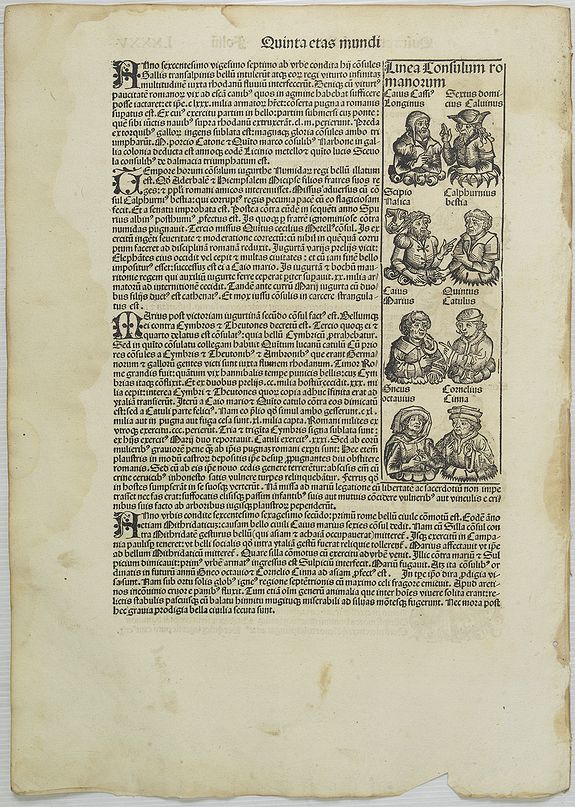 SCHEDEL, H.,  [Text page with historical personalities and Publius Terentius Afer. ]  Quita etas mudi. Foliu. LXXXV , antique map, old maps