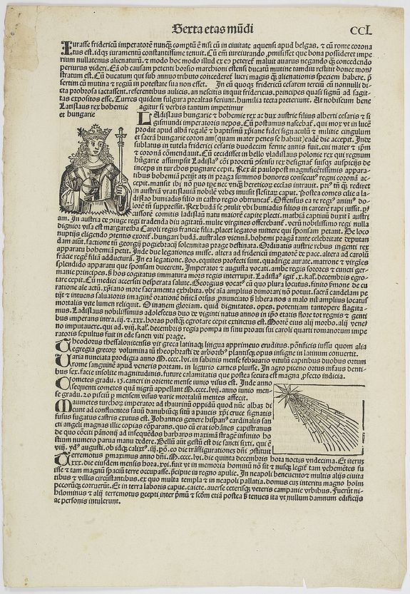 SCHEDEL, H.,  [ Text page with an early depiction of a comet. CCL ] ., antique map, old maps
