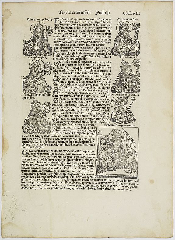 SCHEDEL, H.,  [Text page with Kings and Popes, including Pope Gregorius ] folio CXLVIII, antique map, old maps