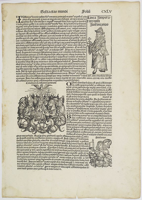 SCHEDEL, H.,  [Text page of the Papal council, and portraits of different saints and kings . . . CXLV]., antique map, old maps