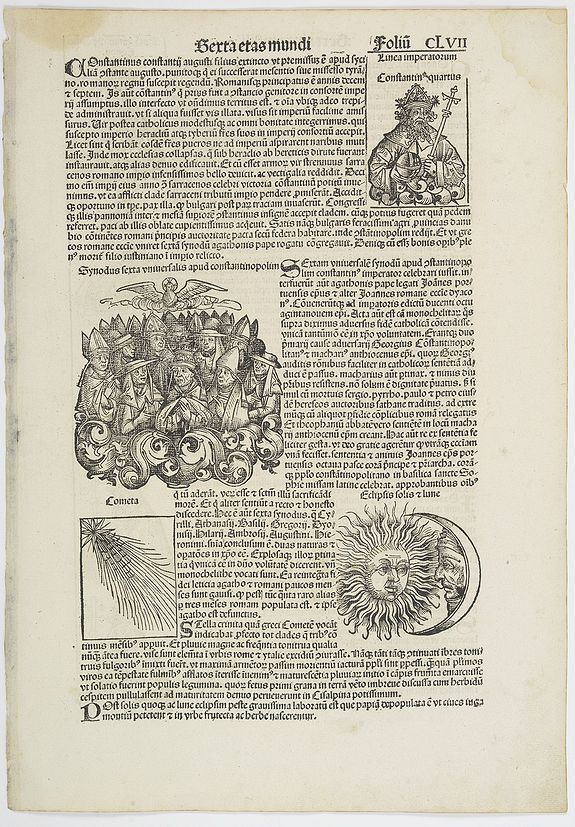 SCHEDEL, H.,  [Text page with illustrations of the sun and moon, Kings, and Popes.  - Sexta etas mundi foliu CLVII ]., antique map, old maps