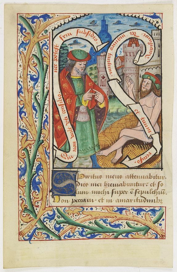 BOOK OF HOURS, Miniature of Job on the dung-hill., antique map, old maps