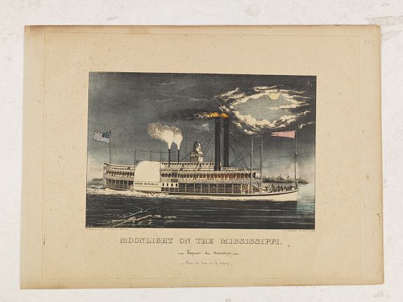 CURRIER & IVES., Moonlight on the Mississippi. Vapeur du Mississippi. Clair de lune sur le Mississippi., antique map, old maps