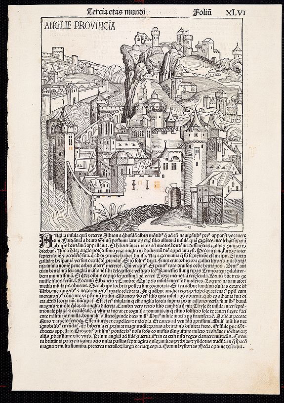 SCHEDEL, H., Anglie Provincia -Tercia estas mundi and Salomon's genealogy tree XLVI, antique map, old maps
