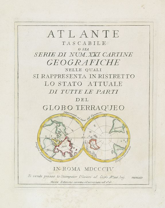 OLIVIERI, (Title page) Mappamondo sul Piano dell' Equatore. - Atlante Tascabile o sia Serie di Num. XXI Cartine Geografiche nelle quali si. . ., antique map, old maps