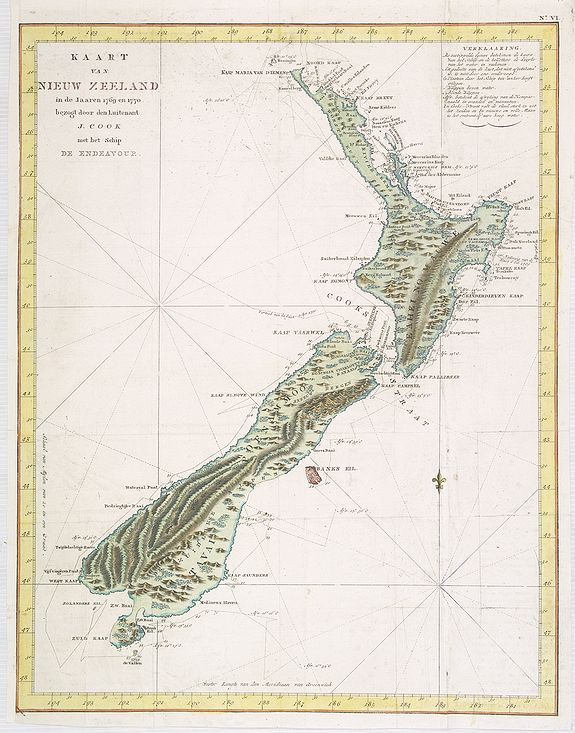 BELLIN, J.N., Kaart Van Nieuw Zeeland in de Jaaren 1769 en 1770 bezogt door den Luitenant J. Cook met het Schip De Endeavour., antique map, old maps