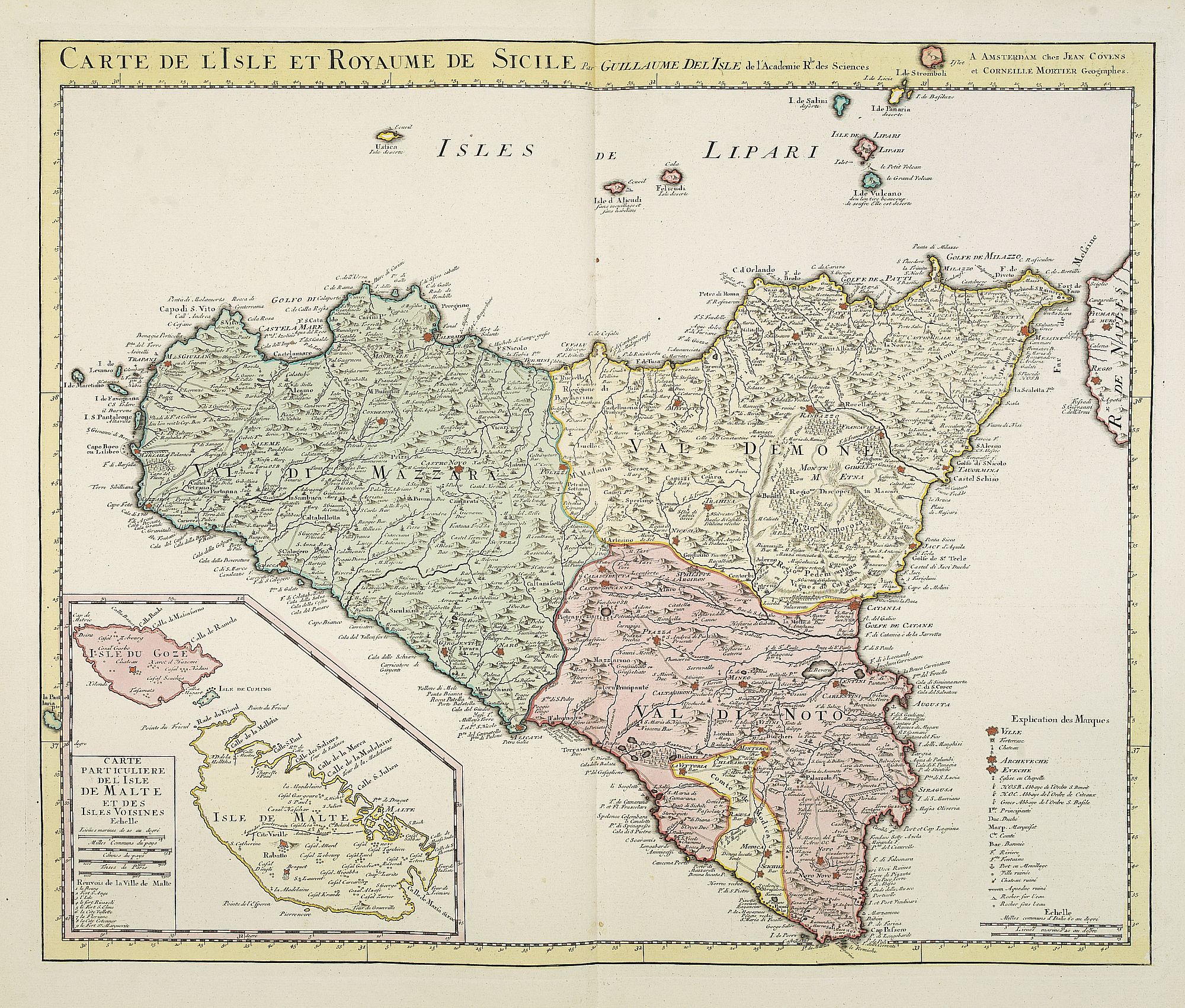 COVENS, J./ MORTIER, C.,  Carte de l'Isle et Royaume de Sicile Par Guillaume del 'Isle . . ., antique map, old maps