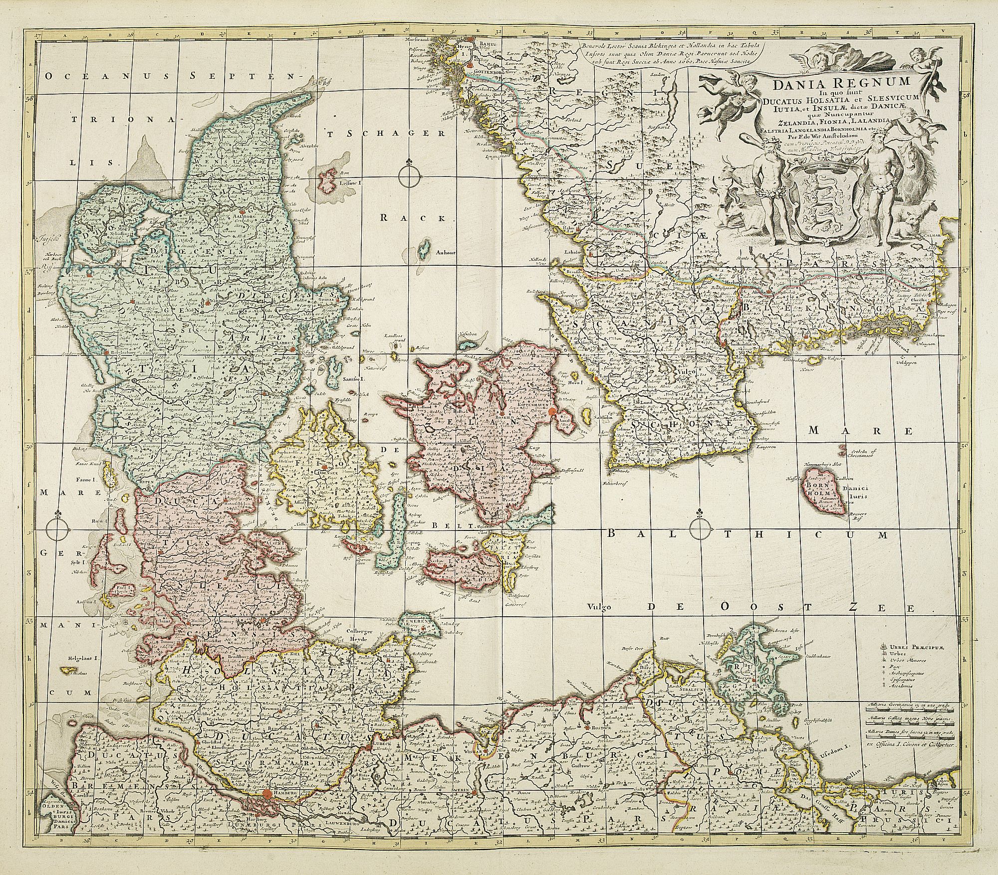 DE WIT, F. / COVENS, J. / MORTIER, C.,  Dania Regnum In quo sunt Ducatus Holsatia et Slesvicum Iutia, et Insule, dictae Danicae. . ., antique map, old maps