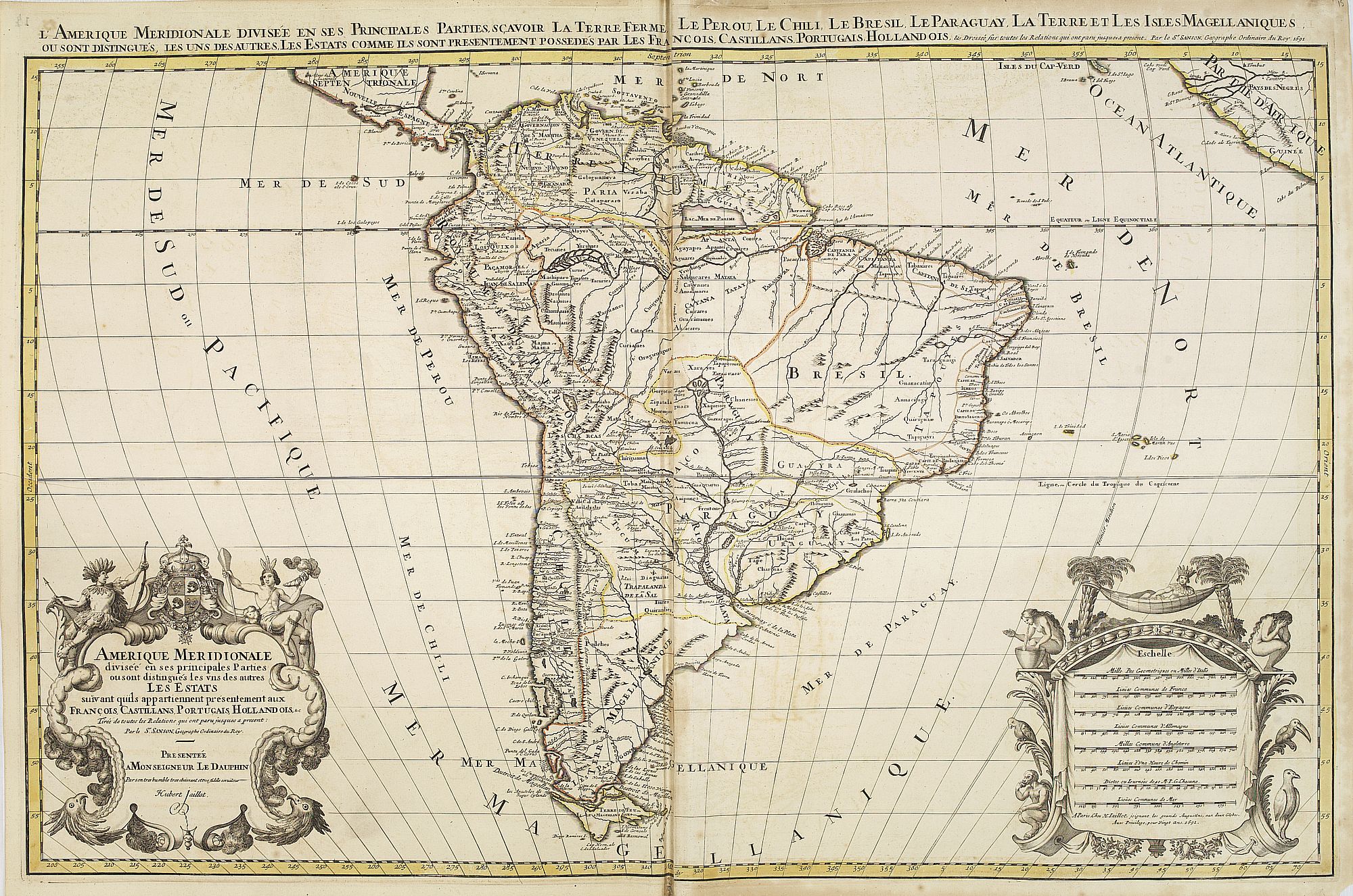 SANSON, N. / JAILLOT, A.H. / MORTIER, P.,  L'Amerique meridionale divis�e en ses principales parties ou sont distingu�s les vns des autres les estats suivant qu'ils appartiennent pr�sentement aux Fran�ois, Castillans, Portugais, Hollandois, &c, antique map, old maps