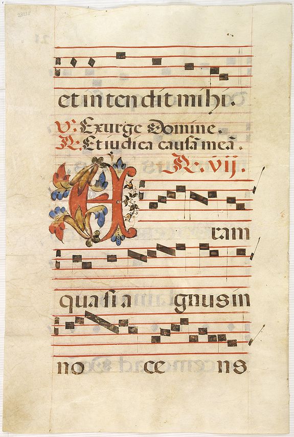 ANTIPHONER, Leaf of manuscript music from an Antiphoner., antique map, old maps