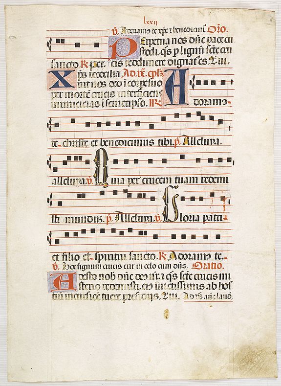 ANTIPHONARIUM., Leaf on vellum from a antiphonary., antique map, old maps