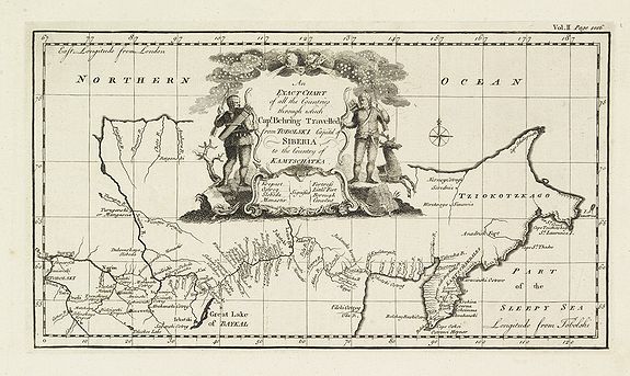 BOWEN, E., An exact chart of the countries through wich Capt. Behring travelled from Tobolsky capital of Siberia ti the country of Kamtschatka., antique map, old maps