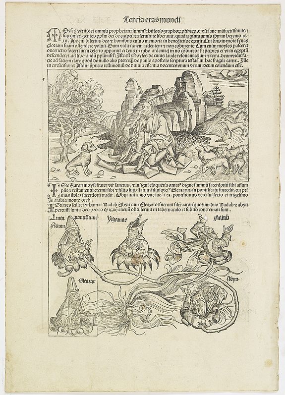 SCHEDEL, H.,  [Text page with woodcuts of Moses, Aaron, Job, etc. Foliu XIXX ]., antique map, old maps