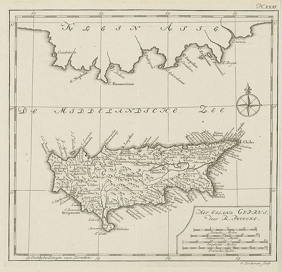 POCOCKE,R., Het eiland cyprus door R.Pococke., antique map, old maps