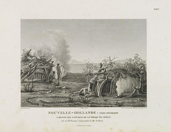 LESUEUR, C.A. ./ MILBERT, J., Nouvelle-Hollande : Terre d'endracht. Cabanes des naturels de la presqu'il de Péron. . ., antique map, old maps