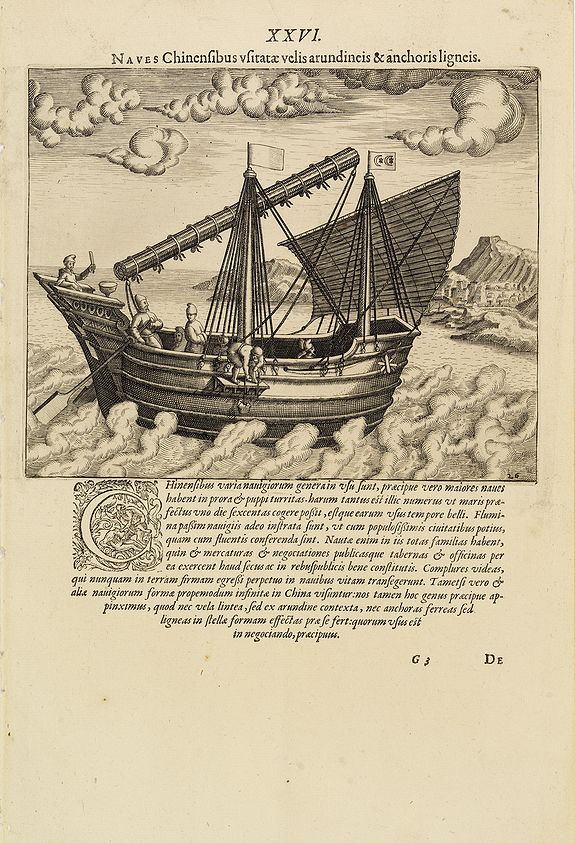 DE BRY, Th., Naves Chinensibus usitatae velis arundineis & anchoris ligneis., antique map, old maps
