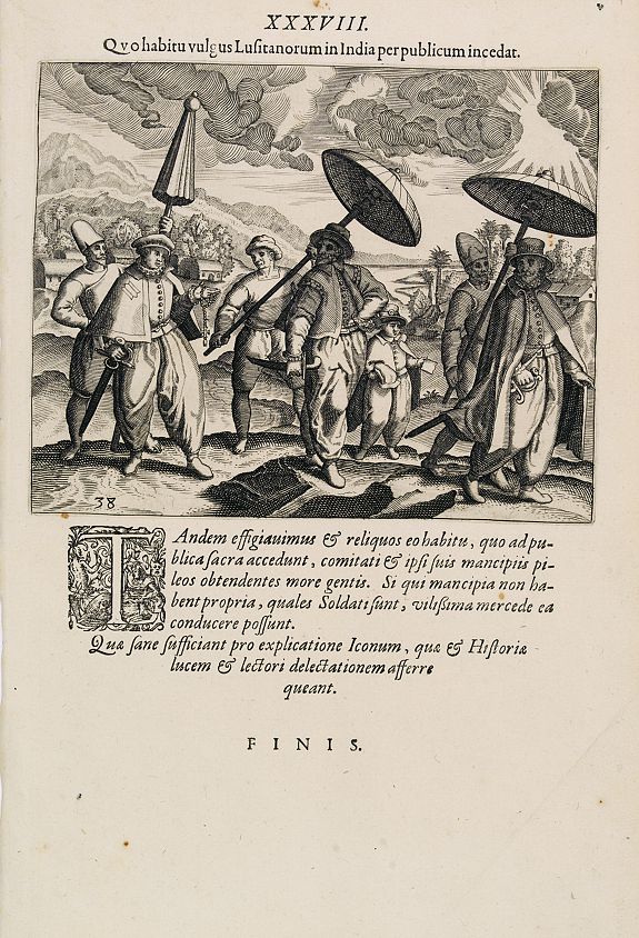 DE BRY, Th., Quo habitu vulgus Lusitanorum in India per publicum incedat. (Portuguese citizens and soldiers in Goa), antique map, old maps