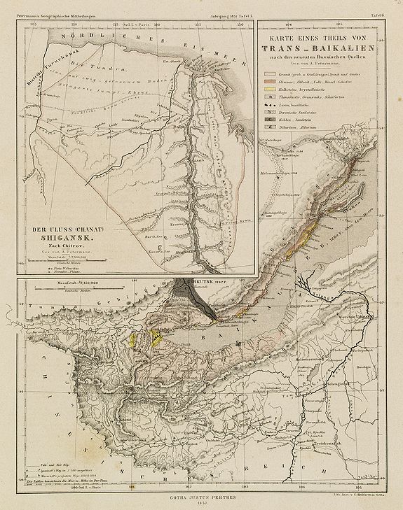 PETERMANN, A., Der Uluss (Chant) Shigansk. Nach Chitrov. - Gez. von A. Petermann - Karte eines Theils von Trans-Baikalien nach den neuesten Russischen Quellen. Gez. von A. Petermann., antique map, old maps