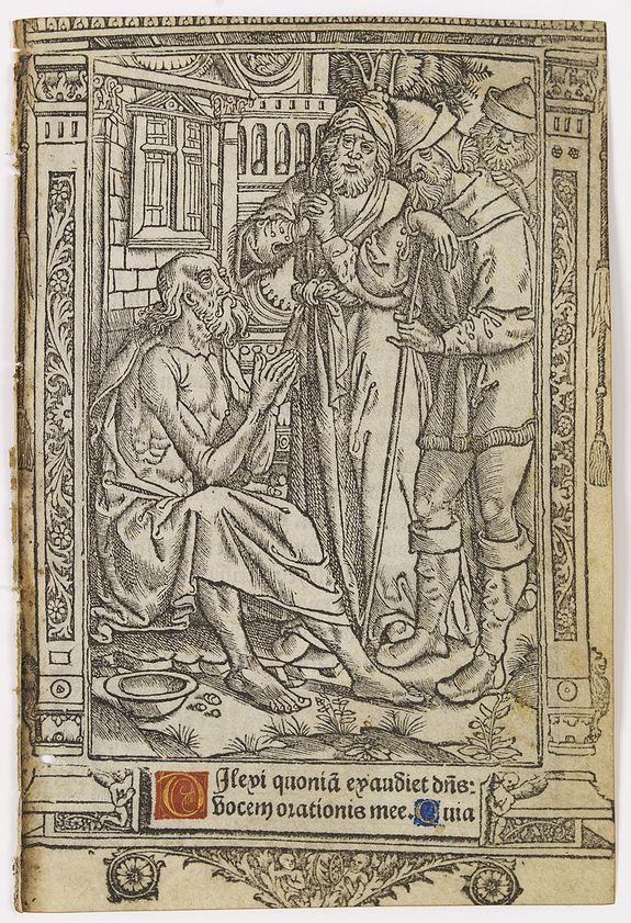 BOOK OF HOURS, Leaf on vellum from a printed Book of Hours, with the cycle of the dance of deaths and Saint Job., antique map, old maps