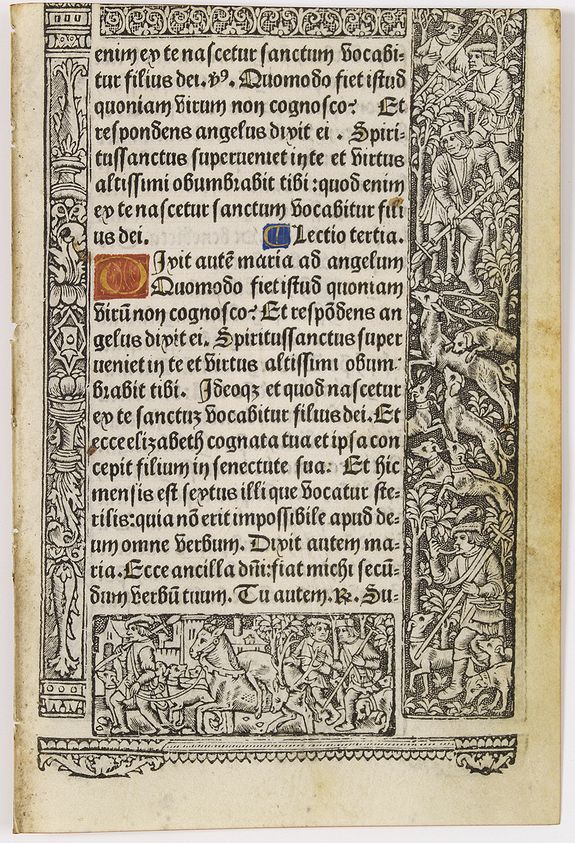BOOK OF HOURS, Leaf on vellum from a printed Book of Hours, with hunting scenes., antique map, old maps