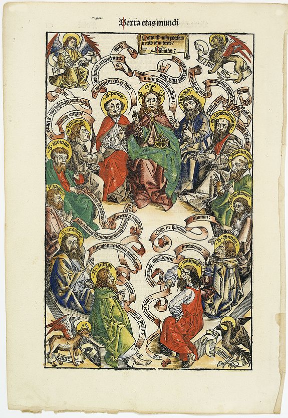 SCHEDEL, H., Sexta Etas Mudi. - Data est mihi potestas in celo et in terra: Salvator: CI. (Jesus Christ surrounded by the Twelve Apostles), antique map, old maps