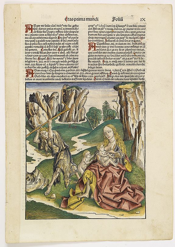 SCHEDEL, H., Prima Etas Mundi. IX (with Eve nursing Kain and Abel), antique map, old maps