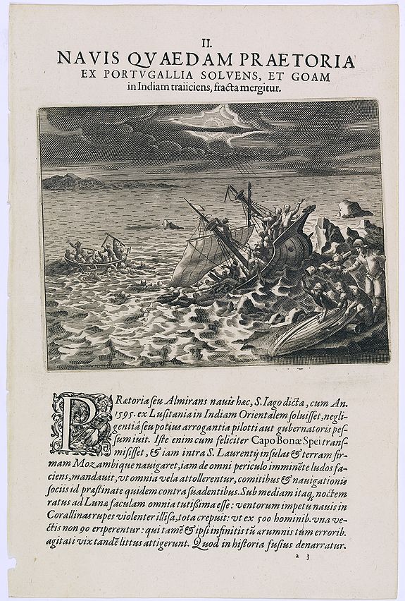 DE BRY, Th., Navis Quaed am Praetoria. (A Portuguese ship is wrecked on its way to Goa in India), antique map, old maps