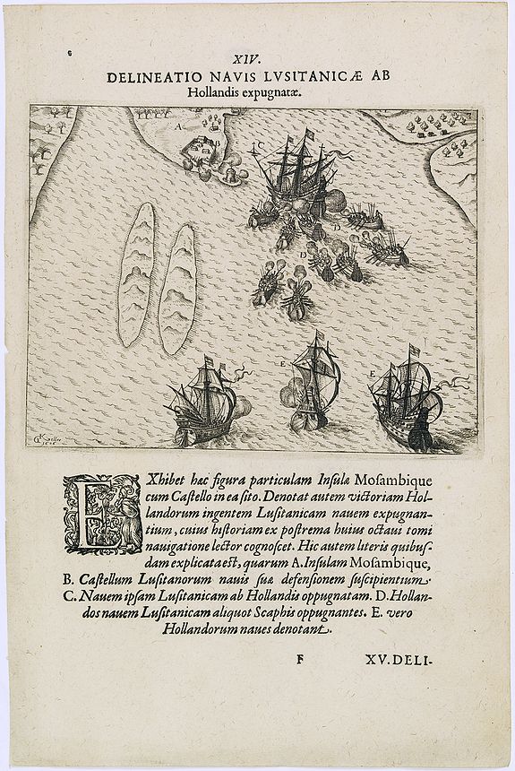DE BRY, Th., Delineatio Navis Lusitanicae ab Hollandis expugnatae., antique map, old maps