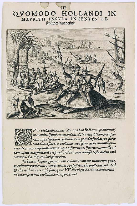 DE BRY, Th., Quomodo Hollandi in Mavritii Insula Ingentes. (Dutch hunting parrots on Mauritius in 1598), antique map, old maps