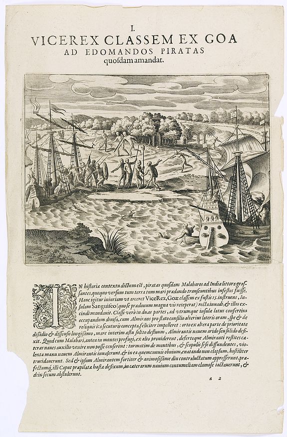 DE BRY, Th., Vicerex Classem Ex Goa. ( An encounter with pirates on the Malabar coast.), antique map, old maps