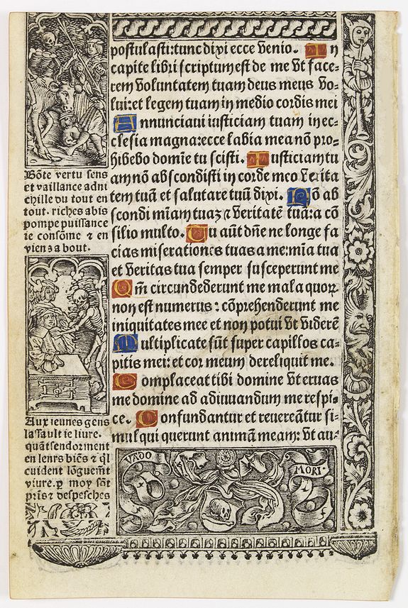 BOOK OF HOURS, Leaf on vellum from a printed Book of Hours, with the cycle of the dance of deaths., antique map, old maps