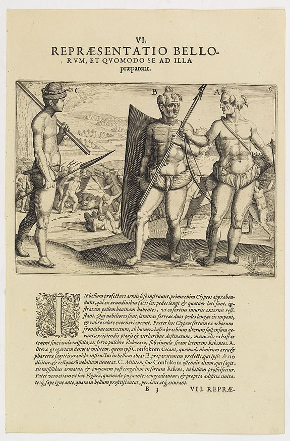 DE BRY, Th., VI. Repraesentatio Bellorum, et Quomodo se ad Illa praeparent. (How the natives fight each other), antique map, old maps