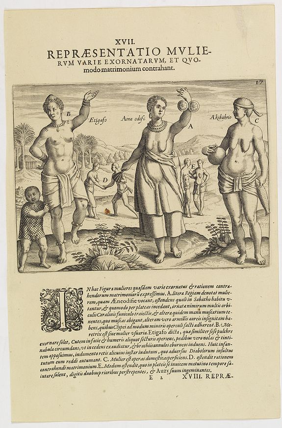 DE BRY, Th., XVIII. Repraesentatio Mulierum varie exornatarum, et Quomodo matrimonium contrahant. (The natives’ clothing and how they adorn themselves: 1603-1604), antique map, old maps
