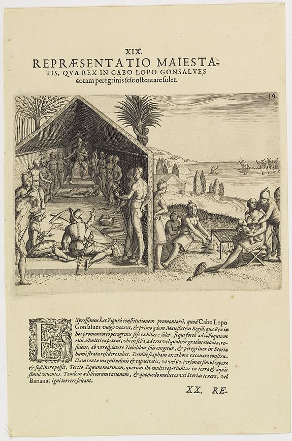 DE BRY, Th., XIX. Repraesentatio Maiestatis, qua rex in Cabo Lopo Gonsalves . . . (How the chief of Cabo Lopo Gonsalues presents himself ), antique map, old maps