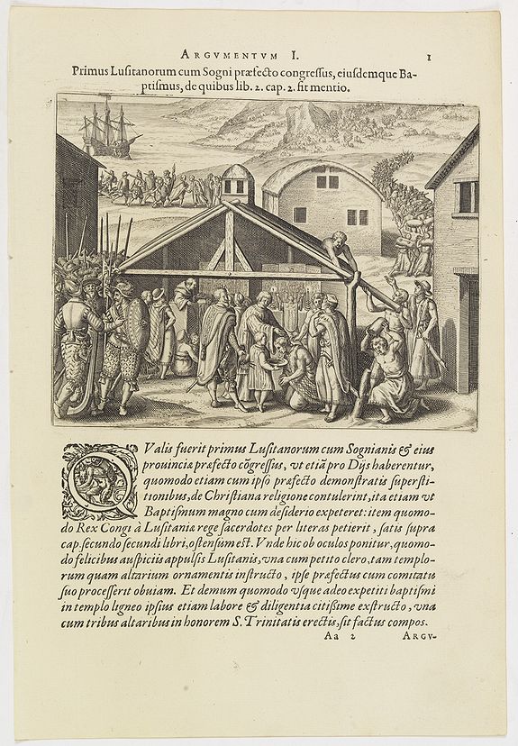 DE BRY, Th., Argumentum I. Primus Lufitanorum cum Sogni praefecto congreffus, eiusdemque Baptismus, de quibus lib. 2 cap 2. fit mentio. (The arrival of the Portuguese in the county Sogno), antique map, old maps