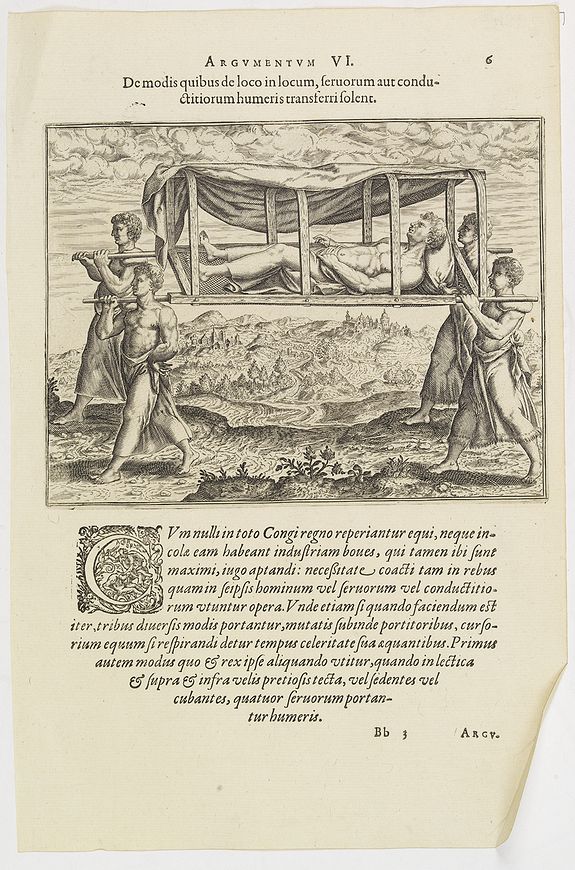 DE BRY, Th., Argumentum VI. De modis quibus de loco in locum, feruorum aut conductitiorum humeris transferri Folent. (How the Congolese are transported), antique map, old maps