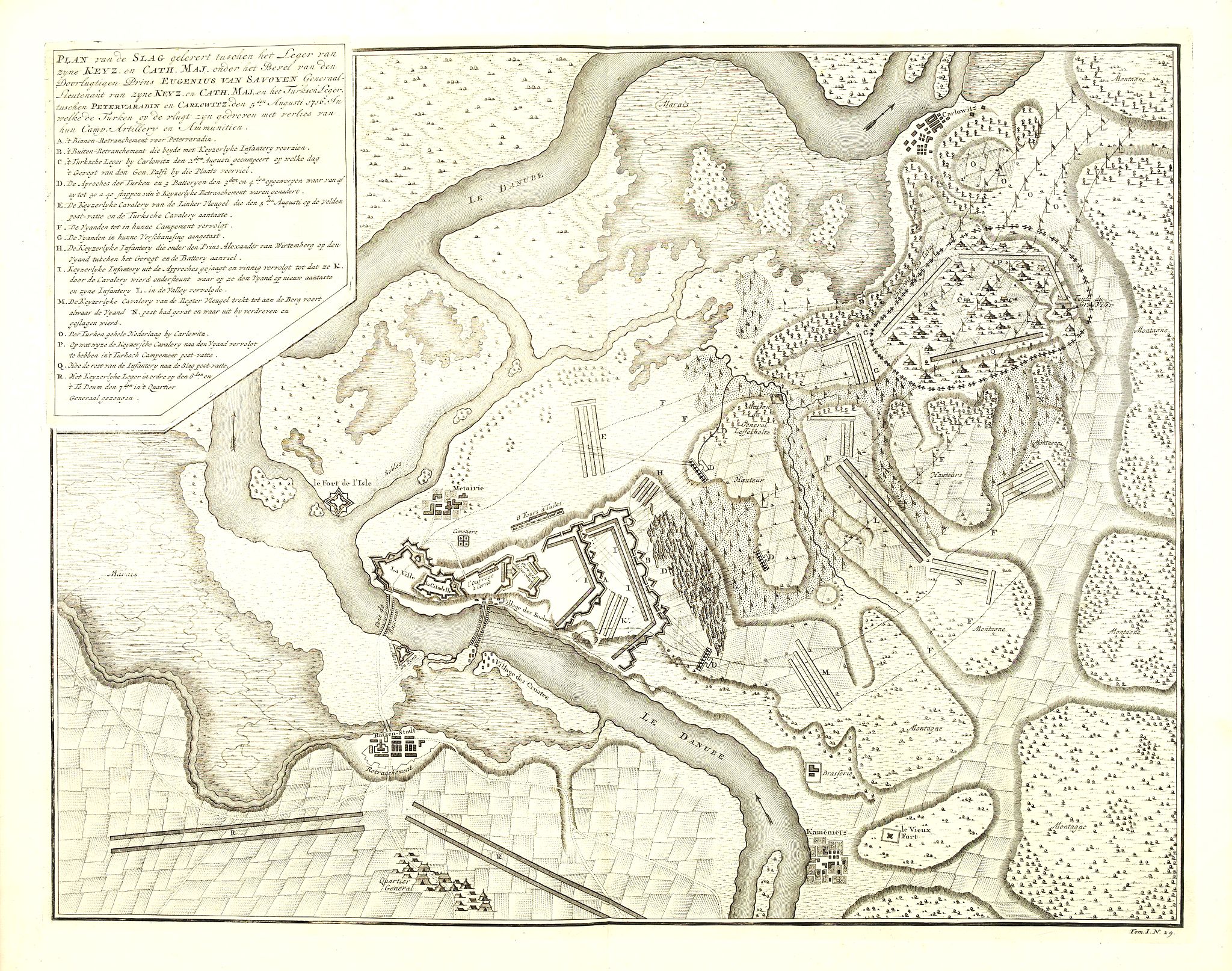 ANONYMOUS,  Plan van de Slag gelevert tuschen het Leger van zyne Keyz. . . pris Eugenius van Savoyen. . tusschen Petervaradin en Carlowitz. . ., antique map, old maps