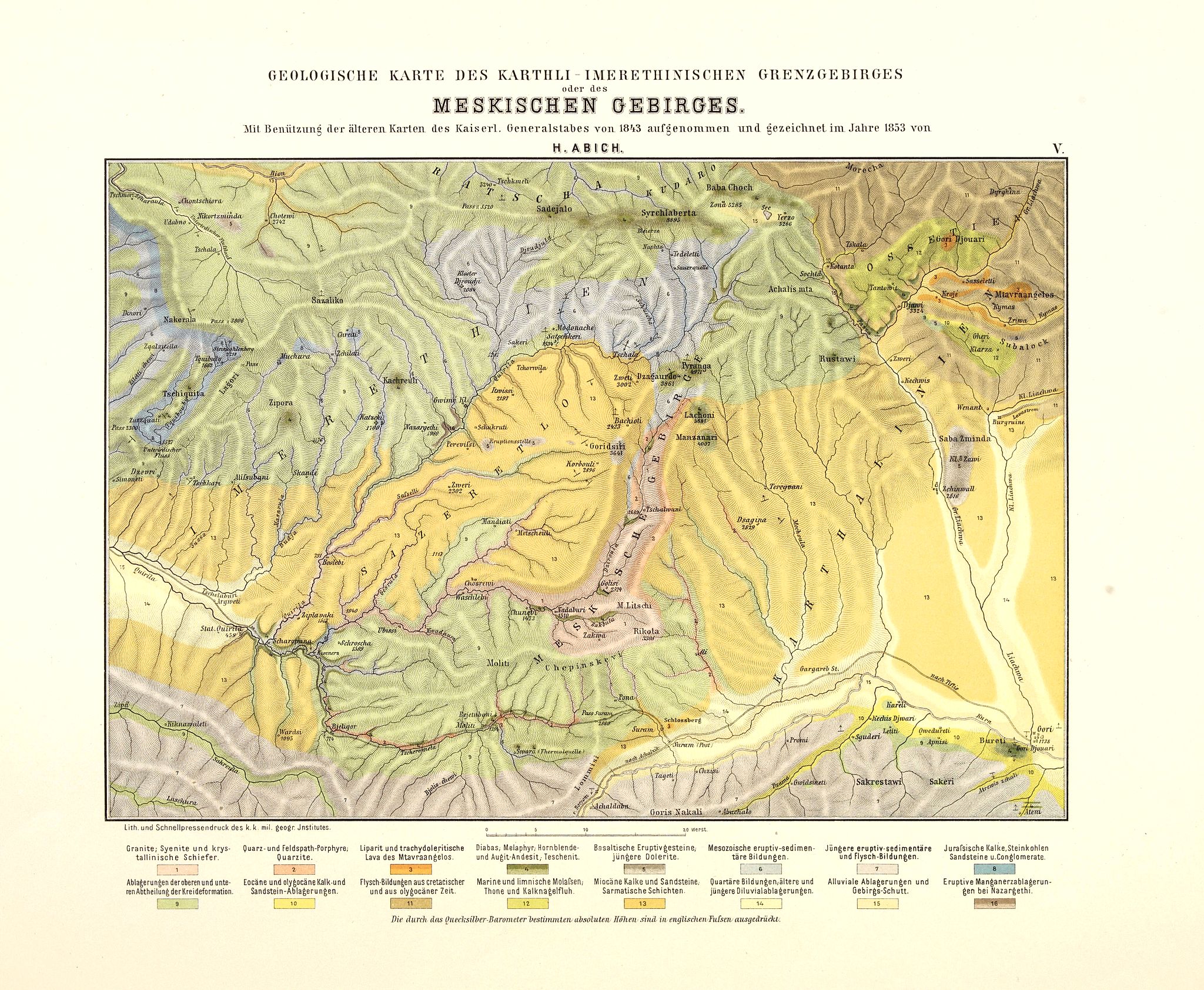 ABICH, H.,  Geologische Karte des Karthli-Imerethinischen Grenzgebirges oder des Meskischen Gebirges., antique map, old maps