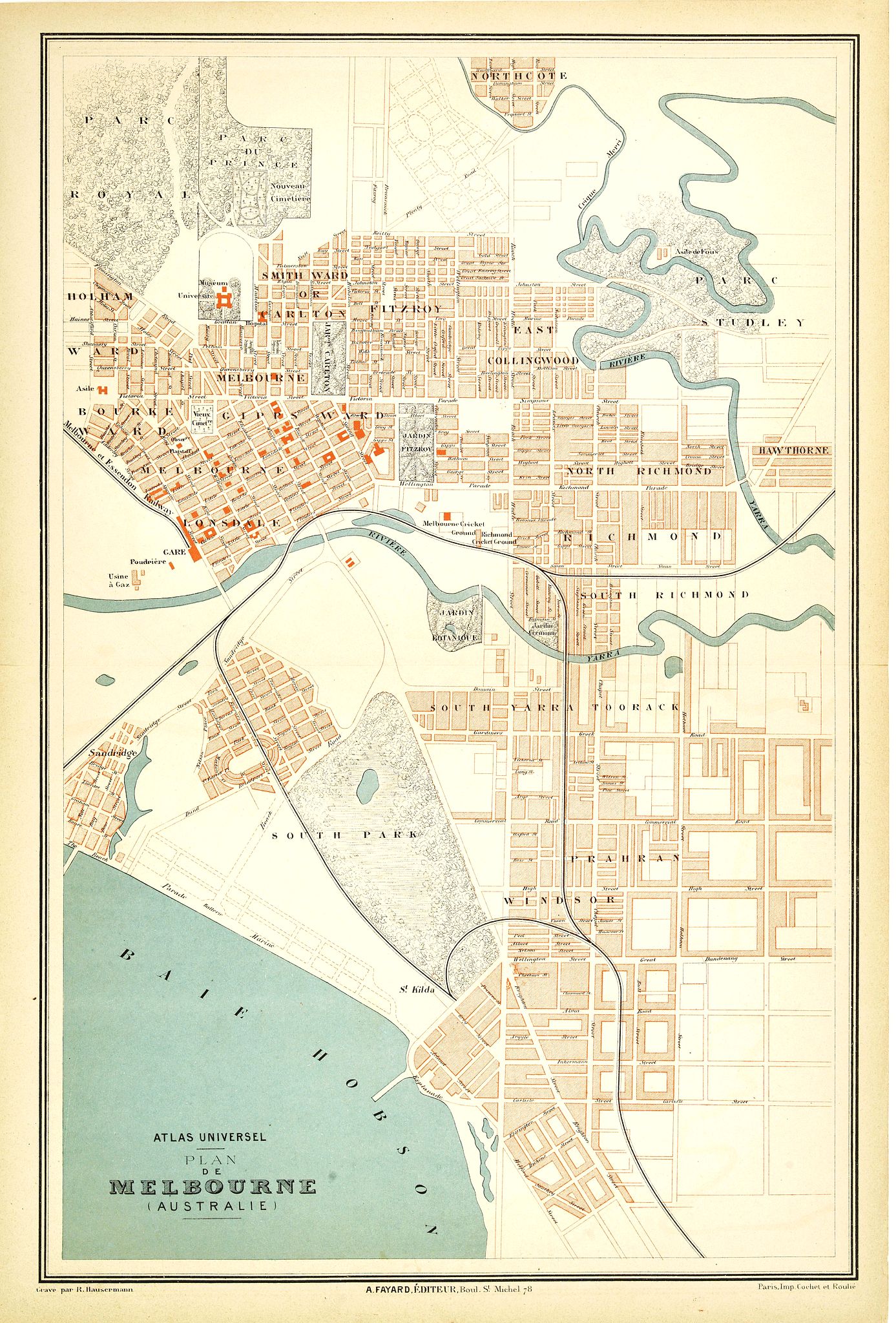 FAYARD DE LA BRUYERE, A. / BARELLE,A., Atlas universel, Plan de Melbourne (Australie)., antique map, old maps