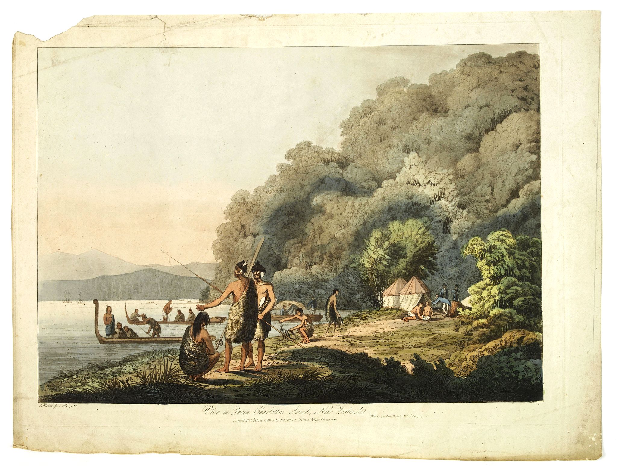 WEBBER, J., View in Queen charlotte's sound, New Zealand., antique map, old maps